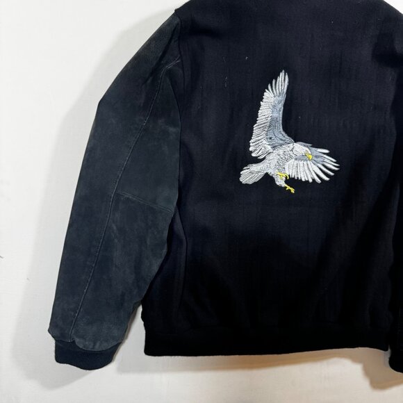 Vtg Varsity Bomber Jacket Eagle Embroidered Black Suede Wool 42 44 L Y2K Retro - Picture 14 of 14
